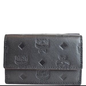 MCM Mini Klara Monogram Leather Tri-Fold Charm Wallet Black